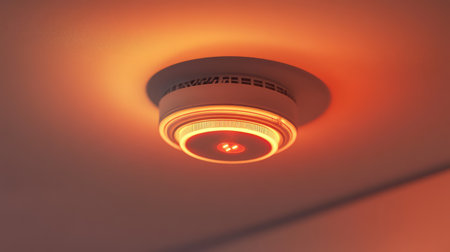 A smart smoke detector on a ceiling with a glowing indicator light, surrounded by room for text or logos.の素材
