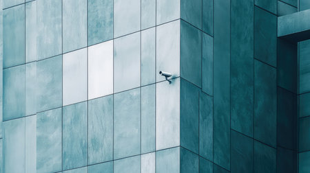 A smart security camera installed in the corner of a building with ample background space for text or branding.の素材