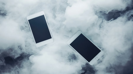 Isolated tech gadgets and digital clouds on white background with plenty of negative space for text or UI designの素材