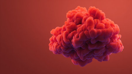 Abstract red smoke or ink cloud swirls spreading over a soft red gradient background, space on rightの素材