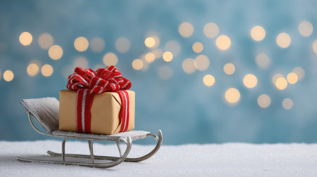 Christmas gift placed on top of a sleigh with snow and festive lights in background, open space on rightの素材