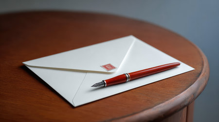 Clean white desk with envelope, stamps, and pen symbolizing postal or courier services, copy space on the sideの素材