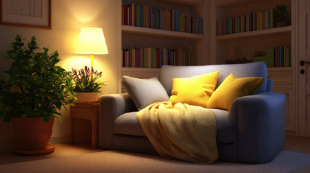 Cozy living room interior with warm lighting, throw blankets, books, and plants on shelves, open copy space on side tableの素材