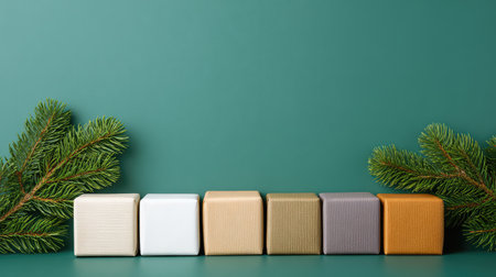 Gift boxes lined up along the bottom edge of a green background with pine twigs, minimal composition and space for designの素材