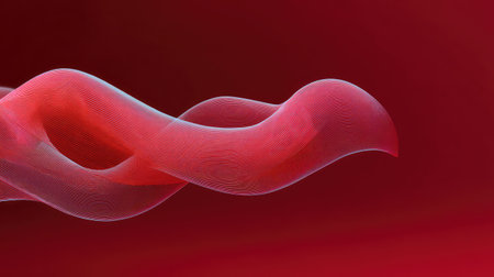 Deep red background with layered transparent wave overlays creating movement and copy spaceの素材