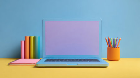 Creative agency layout with color palette, laptop, and sketchbook, clean background with empty spaceの素材