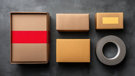Delivery service concept with cardboard boxes, packing tape, and shipping labels, space around objectsの素材