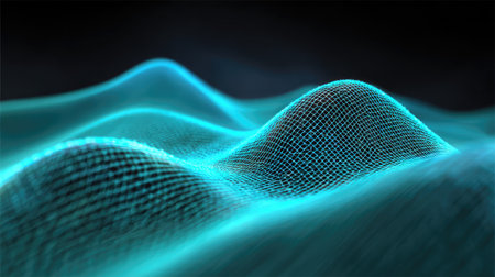 Digital wave grid with animated glowing points forming a smooth flowing surface over black backgroundの素材