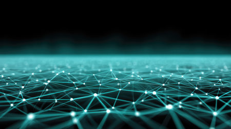 Digital data grid with glowing blue lines forming complex network patterns over dark backgroundの素材