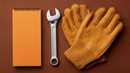 Maintenance tools arranged on textured surface with notepad, wrench, and gloves, clean area for overlayの素材