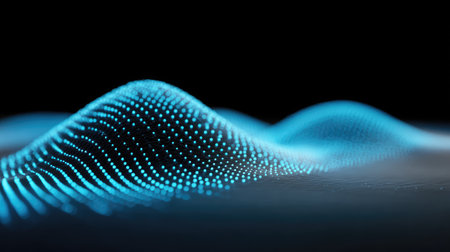 Digital wave grid with interconnected points emitting blue light over a smooth dark surfaceの素材