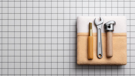 Home service concept with plumbing tools and towel on tiled background, layout with open spaceの素材