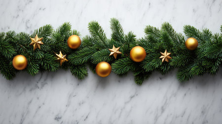 Green pine garland in corners on white marble background with golden baubles and stars, blank space in middleの素材