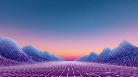 Light purple grid mesh design creating a futuristic landscape effect with copy space in sky areaの素材