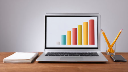 Laptop, CRM charts, phone, and pencil on service representative desk, light background with spaceの素材