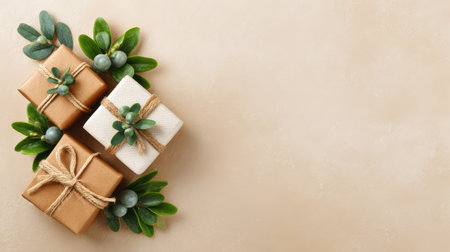 Modern Christmas gifts arranged geometrically on a beige background, simple layout with clean copy spaceの素材