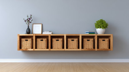 Modern shelving unit with storage boxes and home accents, negative space on wall besideの素材