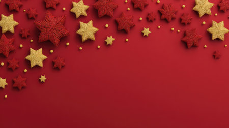 Flat lay of red background with decorative golden stars and snowflakes, space for overlay in middleの素材