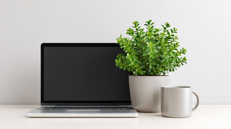 Home office desk with laptop, plants, coffee mug, and minimal decor, clean background with copy spaceの素材