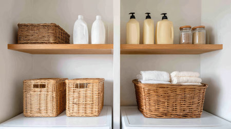 Organized laundry room with baskets, shelves, and detergent bottles, open space on shelvesの素材