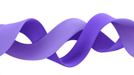 Smooth flowing ribbons in purple shades twisting and overlapping on a white backgroundの素材