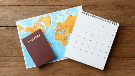 Travel service layout with map, passport, ticket, and calendar on wooden surface, white area left blankの素材