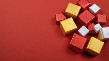 Top view of multiple small gift boxes with red and gold wrapping arranged in a corner on a red background with lots of copy spaceの素材