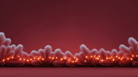 Velvet red background with glowing Christmas lights along bottom edge and snowy fir tips above, room for designの素材