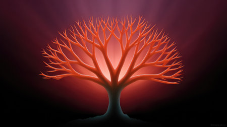 Tree of life made from intertwining light beams over a red and black gradient background, radiant with open spaceの素材