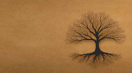 Stylized tree of life on parchment texture background, vintage tone with space around the designの素材