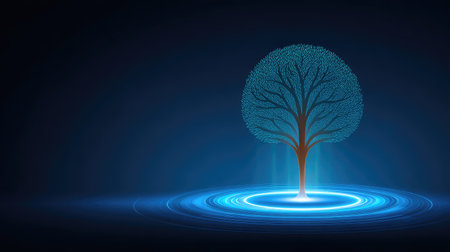 Tree of life icon glowing with energy on futuristic digital background, high contrast design with spaceの素材