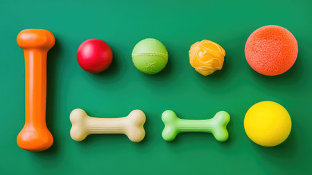 A selection of dog toys including chew bones and squeaky balls, arranged with plenty of space for text or brandingの素材