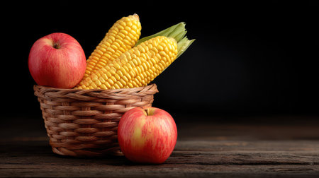 Harvest scene of apples and corn in basket, empty wood table besideの素材