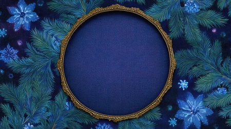 Fir tree frame around snowflake-patterned fabric with space in centerの素材