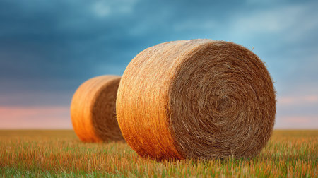 Hay bales in golden field under warm light, plenty of sky for overlayの素材