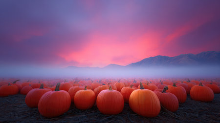 Pumpkin patch at twilight with mist and wide sky space for overlayの素材
