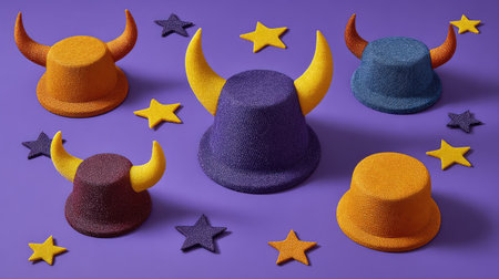 Flat lay of festive hats, horns, and glitter stars around empty centerの素材