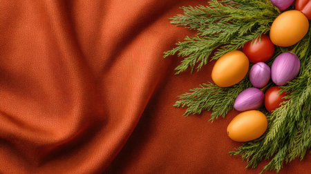 Warm-toned cozy background with seasonal produce and empty copy spaceの素材