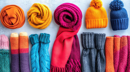 A collection of colorful scarves, hats, and gloves arranged neatly on a light surface, offering plenty of space for text or branding.の素材