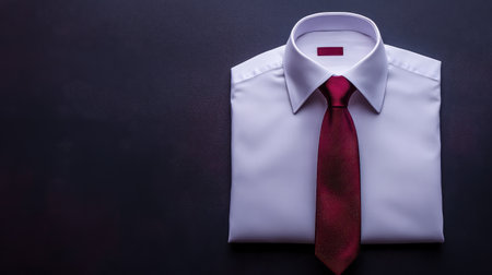 A formal business shirt with a silk tie placed on a clean surface, surrounded by space for logos or promotional material.の素材