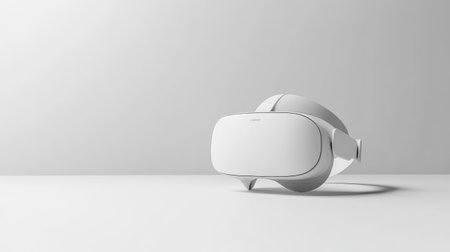A sleek virtual reality headset on a clean white surface with ample space for branding or promotional text in the background.の素材