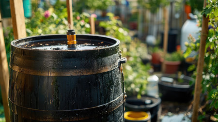 Organic compost tea being brewed in large container outdoors with garden backdrop and ample copy spaceの素材