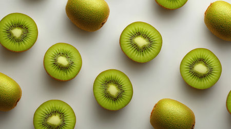 Whole and sliced kiwis scattered across a flat white tabletop, top view with ample clean spaceの素材