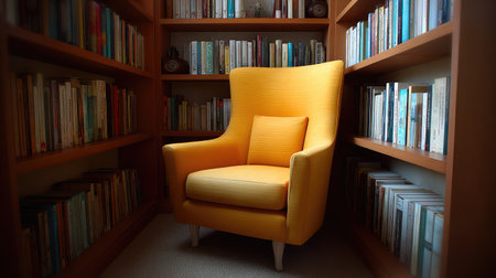 Reading corner with built-in bookshelves and armchair, clean area for text overlayの素材