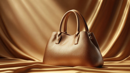 A leather handbag with a textured pattern, neatly arranged on a soft background, leaving room for logos or advertising material.の素材