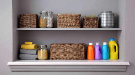 Organized laundry room with baskets, shelves, and detergent bottles, open space on shelvesの素材
