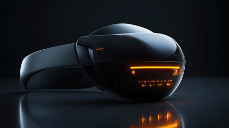 A virtual reality headset with illuminated features on a reflective surface, creating space for branding in the background.の素材