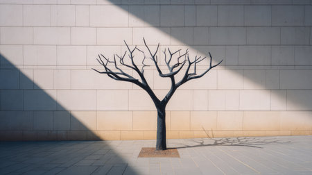 Stylized metal sculpture of the tree of life on concrete background, dramatic shadows and empty spaceの素材