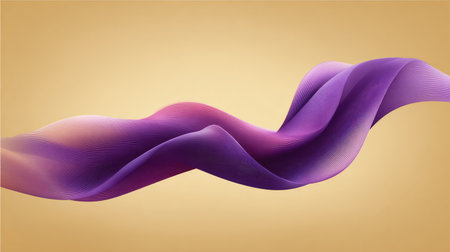 Wavy digital ribbon design in soft purple tones flowing horizontally across a smooth backgroundの素材