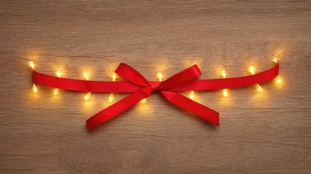 Warm glow of fairy lights on wood with holiday ribbon and space in centerの素材